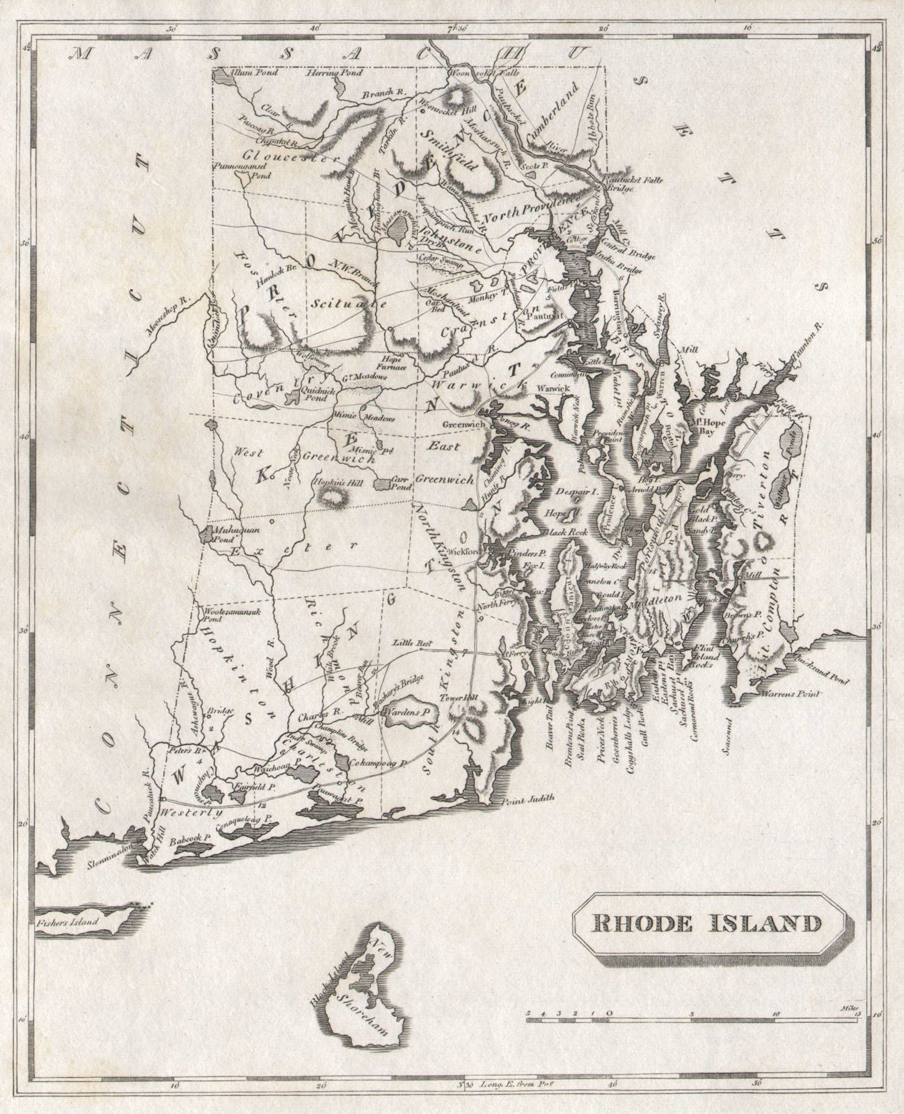 Rhode Island state map by Arrowsmith & Lewis 1812 old antique plan chart